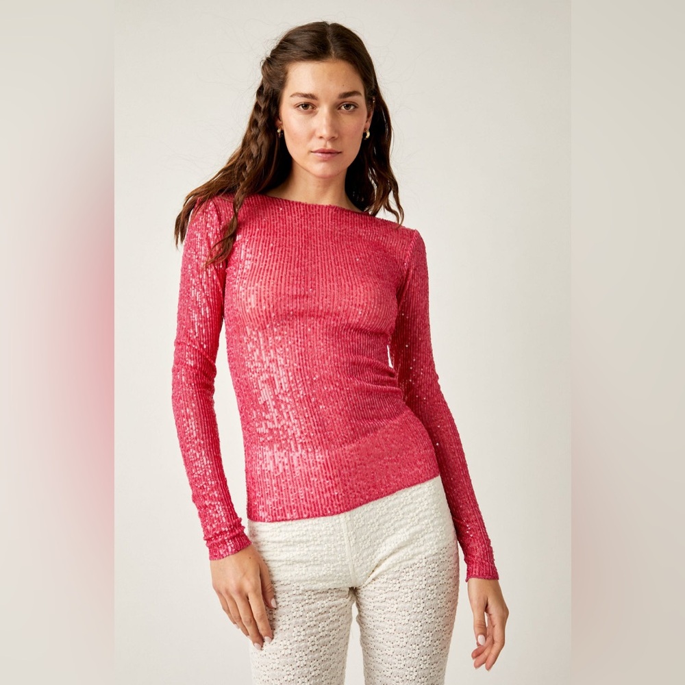 Free People Gold rush sequin berry holiday Sparkling Pink Long Sleeve Top